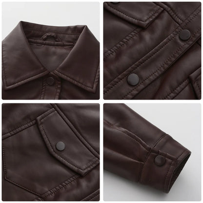 Alr™ Women's Short Leather Biker Jacket with Lapel and Two Pockets