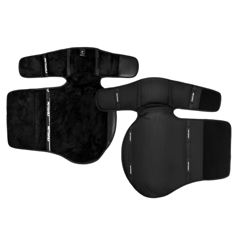 A pair of black Alr™ Winter Motorcycle Riding Knee Warmers, designed with a windproof feature and equipped with Velcro straps and brand logo, displayed from the front and back views.