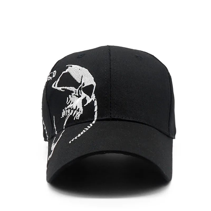 The ALR™ Embroidered Skull Cap is a black baseball cap featuring a white snake design, offers sun protection, and includes an adjustable strap for a perfect fit.