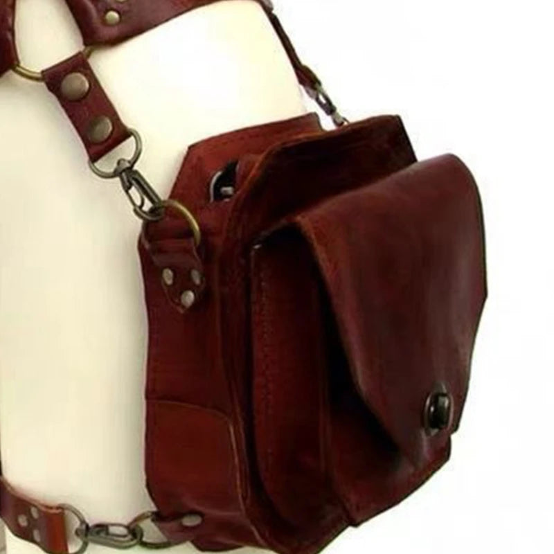 Alr™ Women’s Medieval Steampunk Drop Leg Bag in brown PU leather with metal buckles and adjustable straps, displayed on a stand.