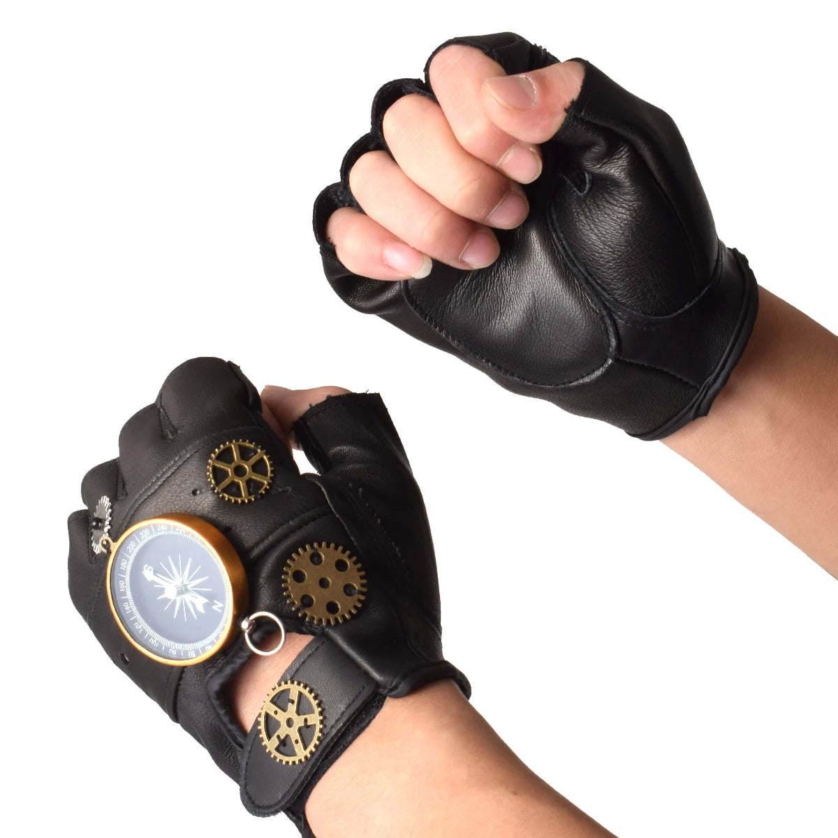 Steampunk PU Leather Fingerless Compass Gloves