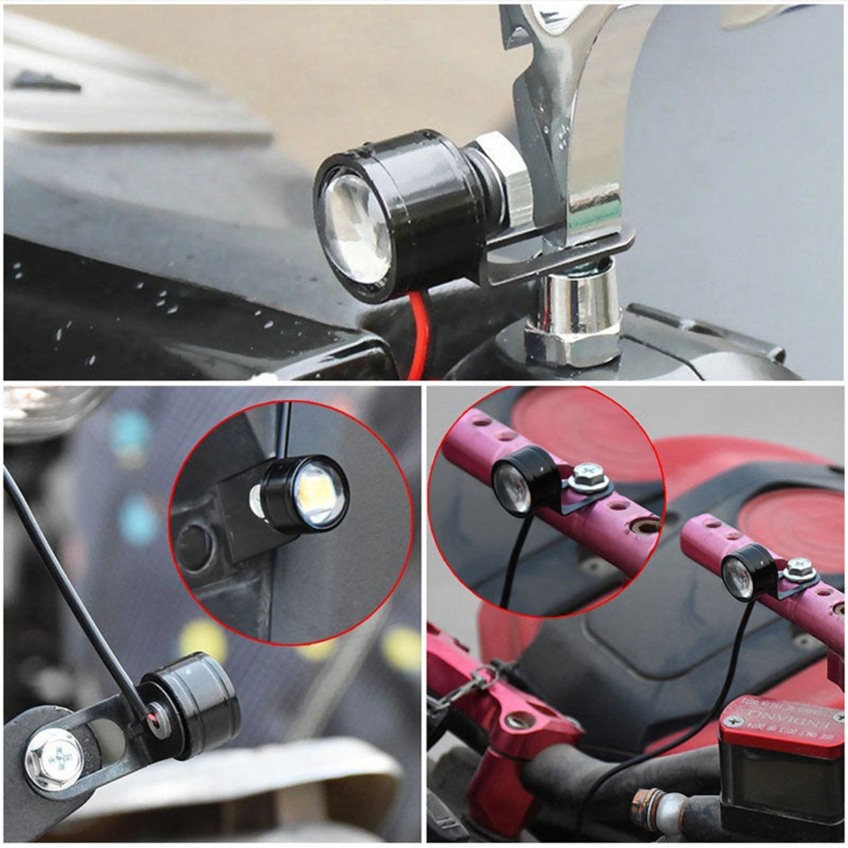 A series of pictures showcasing Motorcycle Strobe LED Driving Lights, emphasizing safety and visibility.