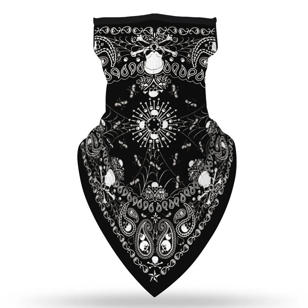 The ALR™ Outdoor Balaclava Motorcycle Face Mask is a black bandana with intricate white paisley and floral designs, ideal for enhancing your motorcycle accessories with style.