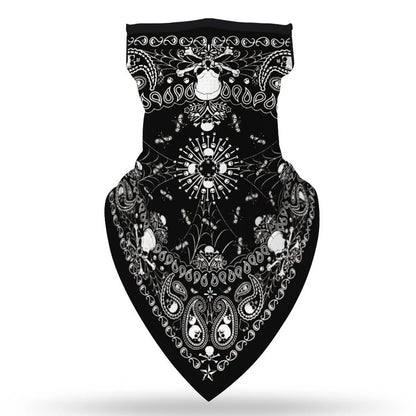The ALR™ Outdoor Balaclava Motorcycle Face Mask is a black bandana with intricate white paisley and floral designs, ideal for enhancing your motorcycle accessories with style.
