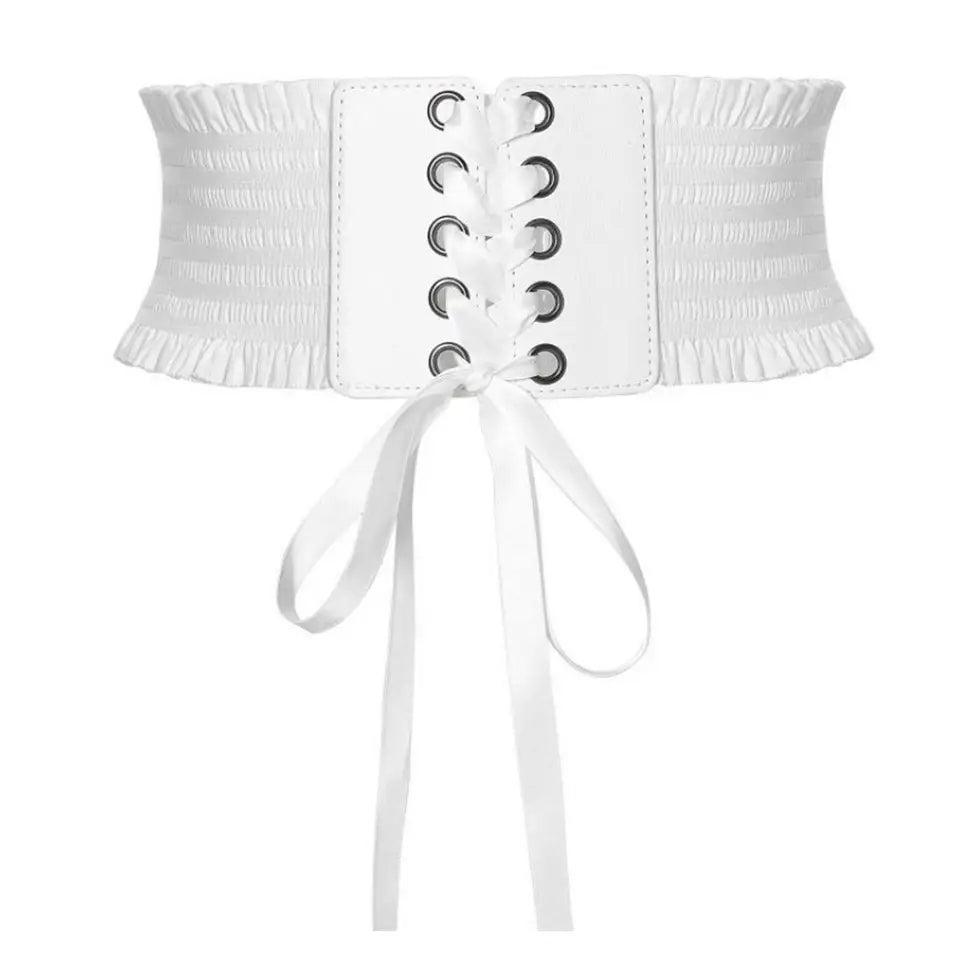 White lace up corset waist belt with satin ribbon