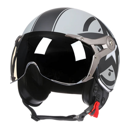 DOT certified retro open face motorcycle helmet 3/4 half shell in black gray with star graphic and flip down visor