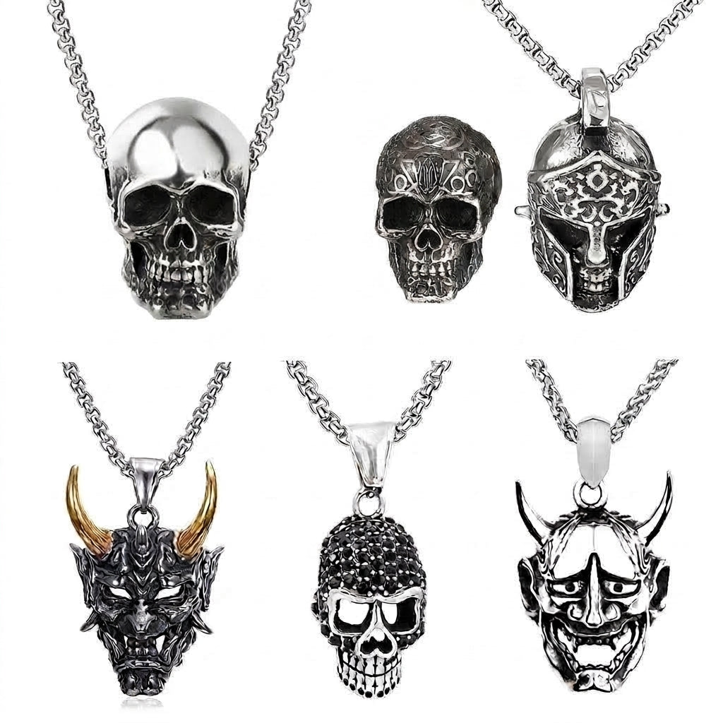 Stainless Steel Biker Ring - Retro Skull Engine Necklace Chain Machine