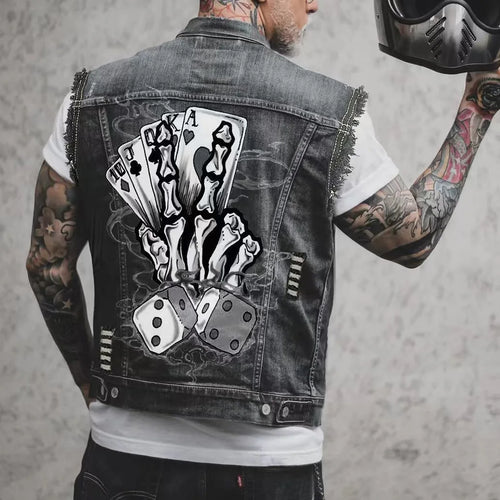 Men's Black Denim Biker Vest with Cards and Dice Skeleton Back Print