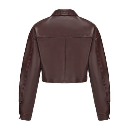 Alr™ Women's Short Leather Biker Jacket with Lapel and Two Pockets