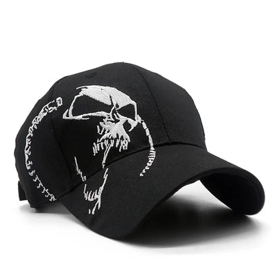 The ALR™ Embroidered Skull Cap is a black baseball cap with a white stylized face design, adjustable strap for a perfect fit, and side text detailing. It also offers sun protection.