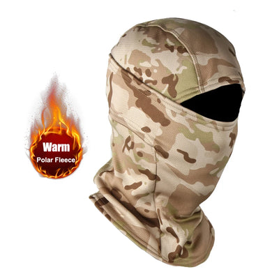 The ALR™ Winter Fleece Warm Camouflage Balaclava, featuring a "Warm Polar Fleece" label and flame graphic, provides outstanding cold resistance with its eye-opening design.