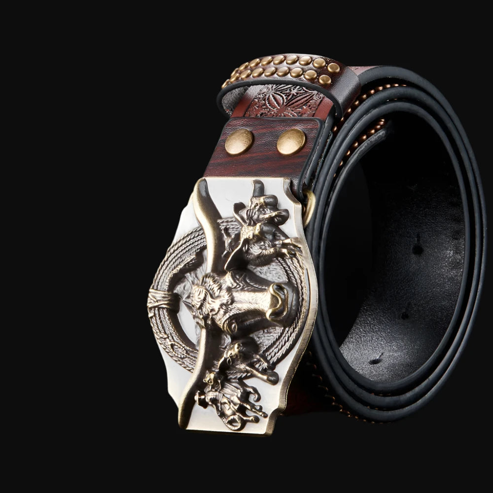 The Alr™ Vintage Western Cowboy Belt, crafted from black leather and adorned with a detailed horned bull design on its decorative metal buckle, exudes vintage Western cowboy charm while highlighting exquisite handmade craftsmanship.