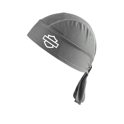 The ALR™ Summer Cycling Cap is a unisex gray helmet liner with a white logo, tied at the back. This breathable headwear, made from nylon cotton, promises comfort and style against a white background.