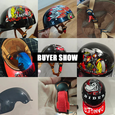 Nine images feature the ALR™ Baseball Cap Motorcycle Helmet, highlighting its unique vintage designs, straps, and interior padding. Central text reads "Buyer Show," emphasizing each helmet's lightweight comfort.