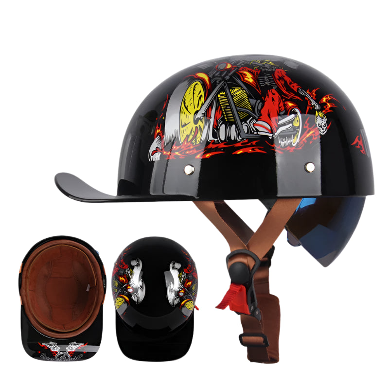 The ALR™ Baseball Cap Motorcycle Helmet features colorful flame and skull graphics with a vintage design visible from all angles. It includes brown straps and interior padding for lightweight comfort.