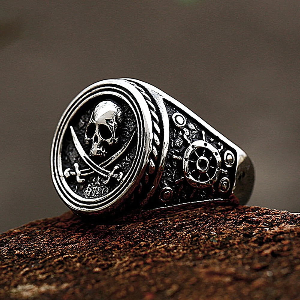 Stainless Steel Biker Ring - Vintage Double Knife Pirate Skull
