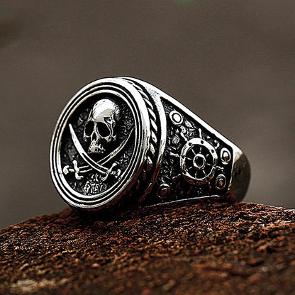 Stainless Steel Biker Ring - Vintage Double Knife Pirate Skull