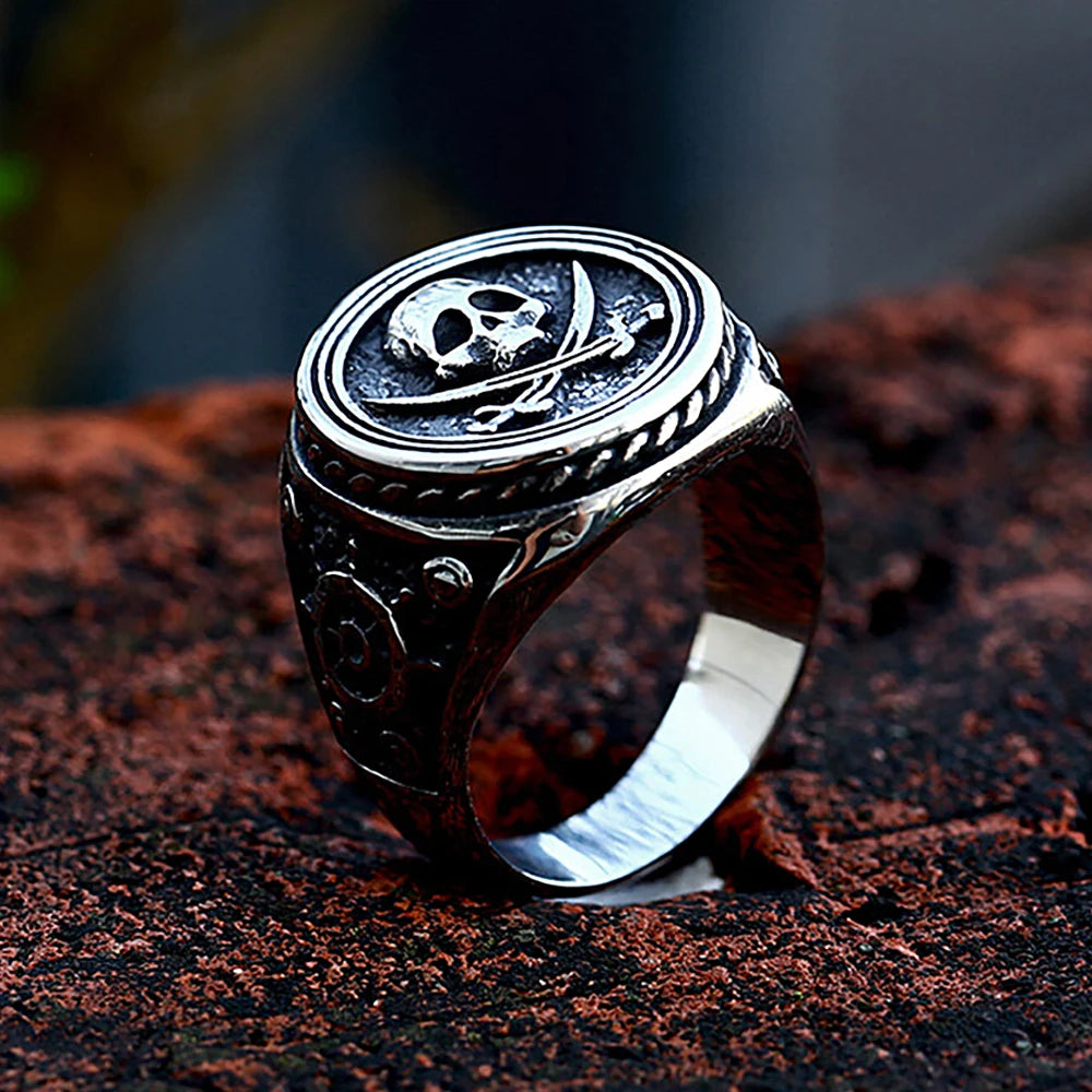 Stainless Steel Biker Ring - Vintage Double Knife Pirate Skull