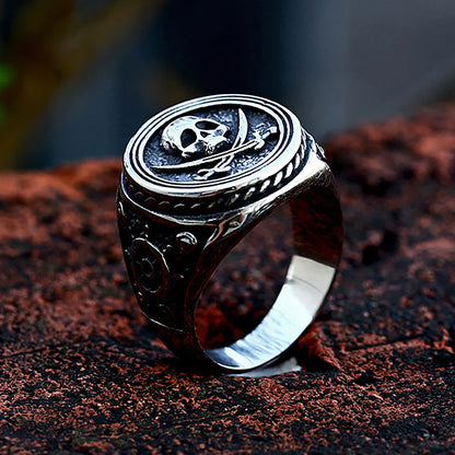 Stainless Steel Biker Ring - Vintage Double Knife Pirate Skull