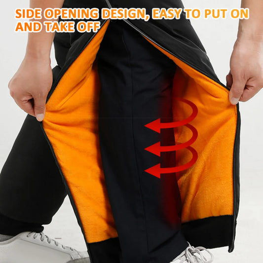 A person shows the side opening of ALR™ Winter Leg Warmers with orange lining and red arrows for access. Text: "Side opening design, easy to put on and take off," combined with waterproof, windproof memory fabric for superior comfort.