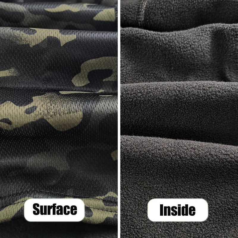 On the left is the "Surface" of the ALR™ Winter Fleece Warm Camouflage Balaclava, featuring a camouflage design. On the right, labeled "Inside," is a plain dark texture crafted for maximal cold resistance.