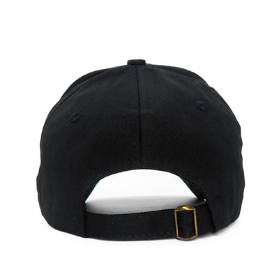 The ALR™ Embroidered Skull Cap in black offers sun protection and a customized fit with its adjustable strap and metal buckle, viewed from the back.