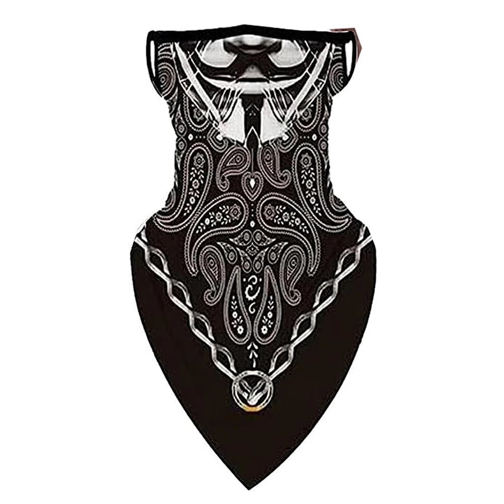 The ALR™ Outdoor Balaclava Motorcycle Face Mask is a black and white paisley bandana with a pointed bottom edge, offering motorcycle enthusiasts a stylish alternative to traditional balaclavas.