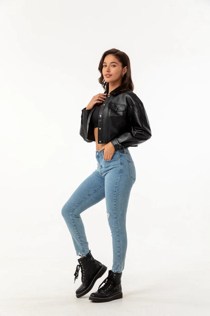 Alr™ Women's Short Leather Biker Jacket with Lapel and Two Pockets
