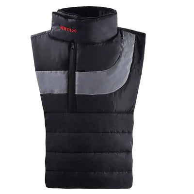 A sleeveless black quilted vest with a gray curved stripe on the front and a half-zip closure for wind protection, featuring the "Rimix" brand embroidery near the collar, beautifully blending style with cold-proof thermal functionality akin to the Alr™ Cold-Proof Thermal Neck Scarf.