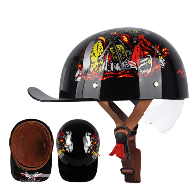 Enjoy lightweight comfort with the ALR™ Baseball Cap Motorcycle Helmet. This black helmet features a unique vintage design, red and yellow graphics, leather straps, and a visor. It offers views from the side, top, and back for a stylish ride.