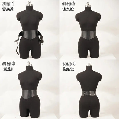 Front side and back views of the wide corset waist belt on a form