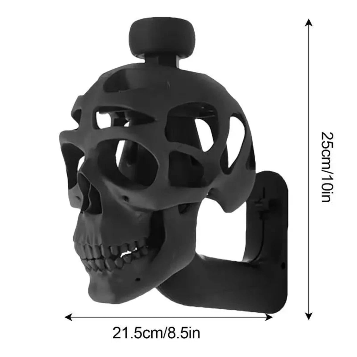 The Alr™ 3D Skull Motorcycle Helmet Display Rack is a striking black skull-shaped wall mount measuring 21.5 cm wide and 25 cm tall, ideal for showcasing your gear. It functions both as a display for motorcycle helmets and an edgy addition to any room, keeping your helmets easily accessible.