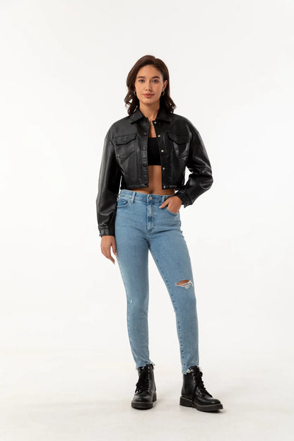 Alr™ Women's Short Leather Biker Jacket with Lapel and Two Pockets