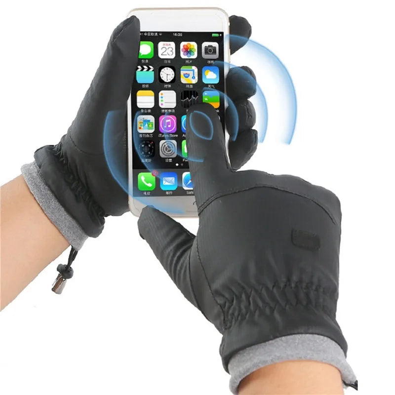 A person uses a smartphone while wearing ALR™ Winter Cold-proof Gloves for men, crafted from high-quality black polyester.