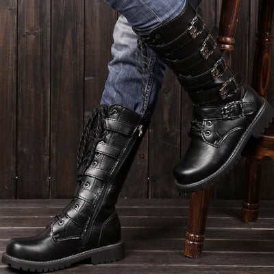 Men's Mid-Calf Leather Motorcycle Riding Boots with buckles in a comfortable fit and non-slip functionality.