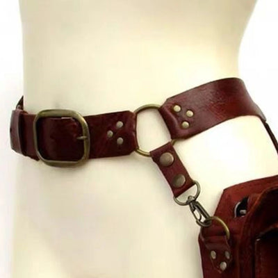 Alr™ Women’s Medieval Steampunk Drop Leg Bag in brown leather with metal buckles and rivets, displayed on a mannequin torso.