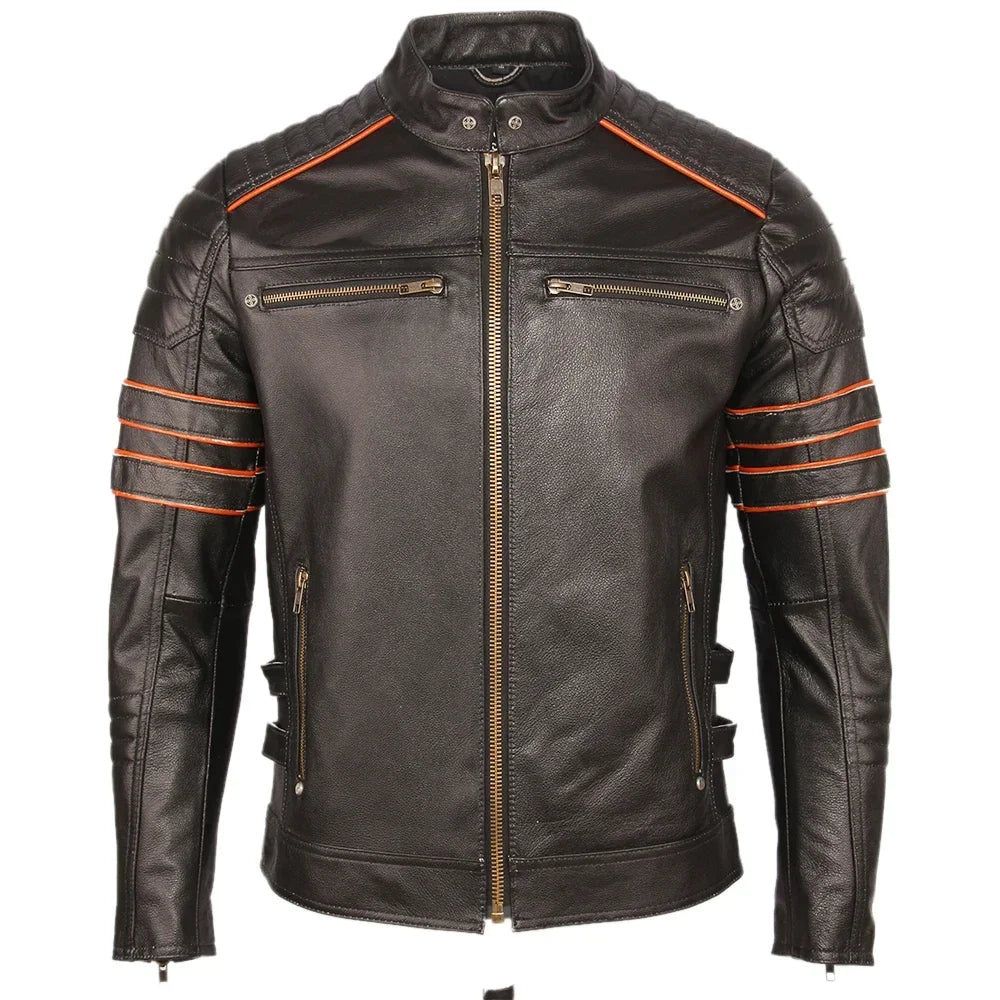 Alr™ Men's Skull Embroidered Motorcycle Cowhide Leather Jacket