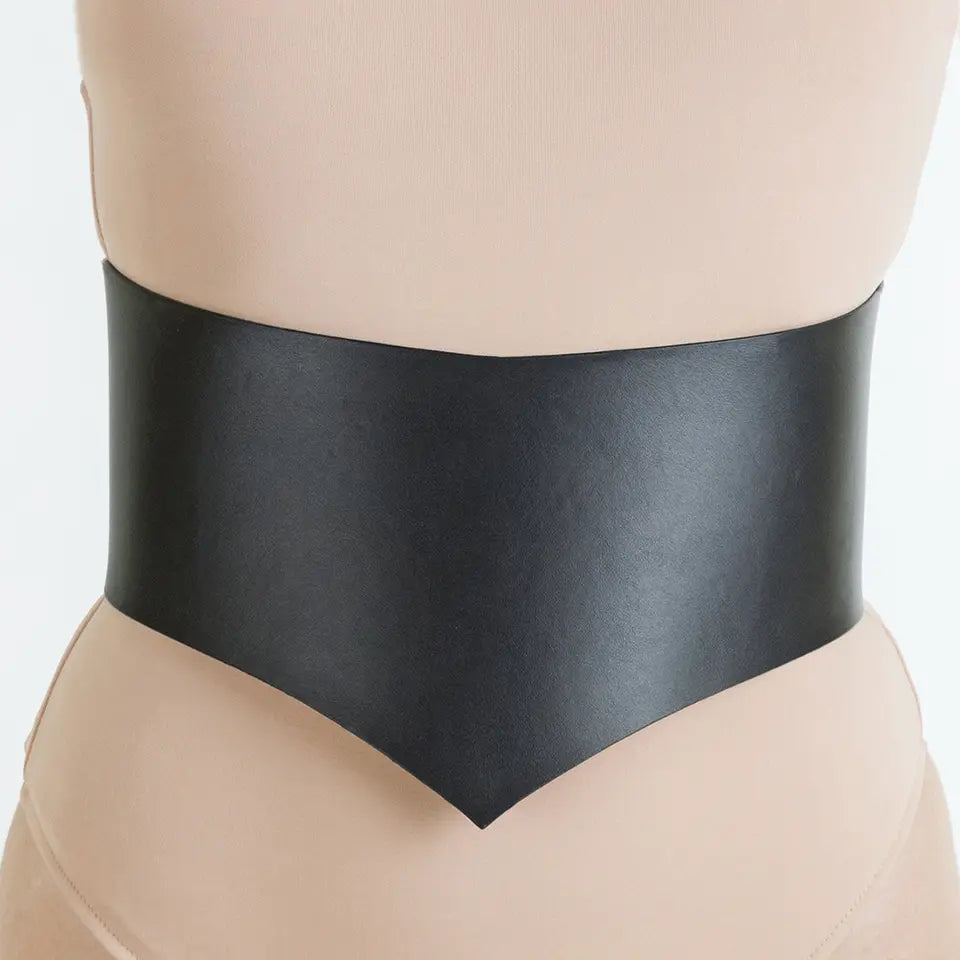 Wide black PU leather corset waist belt with pointed V front
