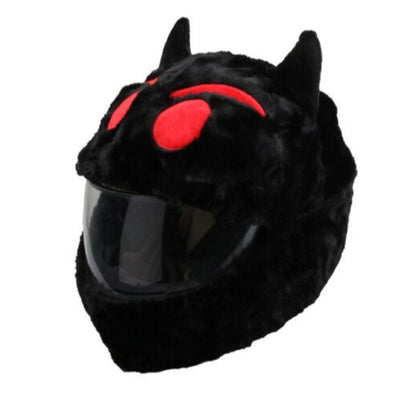 The Cool Motorcycle Helmet Cover - Black Devil Emoji, with its fur-like texture, red antennae, and eye-like details on top, resembles an insect or creature. A clear visor covers the front, making it a standout accessory and a hilarious riding companion for your motorcycle adventures.