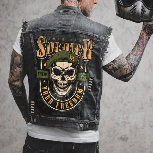 Men's Denim Biker Vest, Sleeveless Motorcycle Cut, Patch Back | ALR