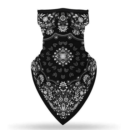 The ALR™ Outdoor Balaclava Motorcycle Face Mask, featuring a black background and white floral paisley design, folds into a triangular shape, making it an ideal stylish accessory for motorcyclists.