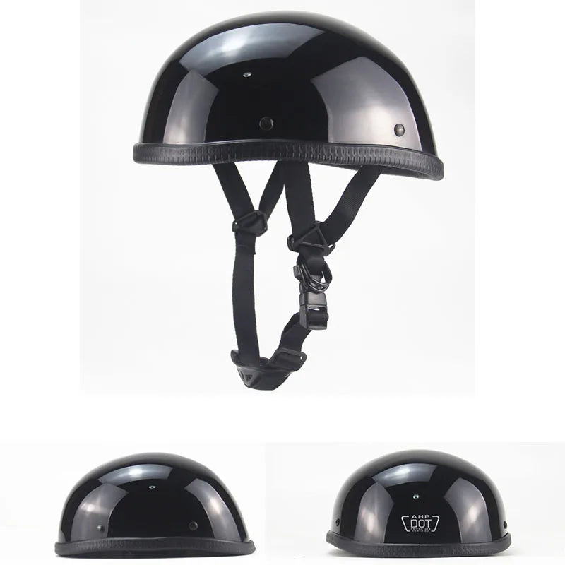 A glossy black Classic Half Helmet Harley Style with an adjustable chin strap is displayed from three angles: front, top, and side. This DOT-approved design perfectly complements your Harley Heritage Classic for both style and safety.