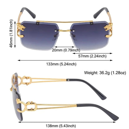 The image displays measurements and weight for Retro Rimless Steampunk UV400 Sunglasses. Dimensions include a 46mm lens height, 57mm lens width, 20mm bridge width, 133mm temple length, and a total width of 138mm. Weight: 36.2g. These road bike sunglasses also feature UV400 protection for your eyes.