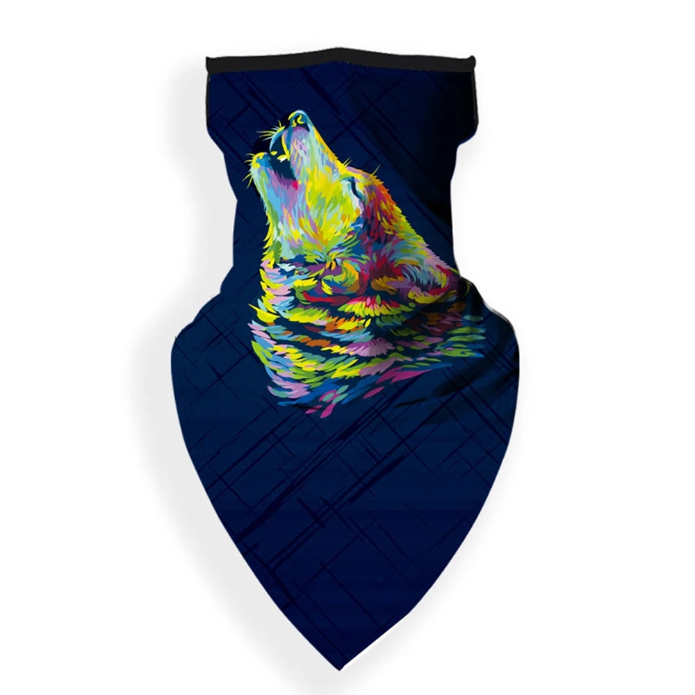 The ALR™ Outdoor Balaclava, a dark blue face mask, features a colorful abstract howling wolf design and is perfect for adventurous spirits as a versatile motorcycle accessory or ski mask.