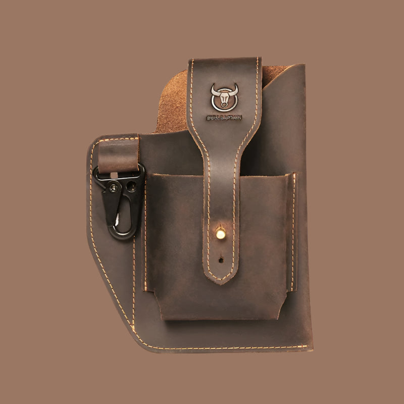 The ALR™ New Men's Leather Waist Bag, ruggedly designed in brown leather with pockets and a metal clip, is perfect for motorcycle riders seeking practicality on a plain background.