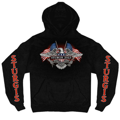 A Hot Leathers Men's Sturgis 2023 Vintage Patriot Hoodie featuring an eagle and an American flag.
