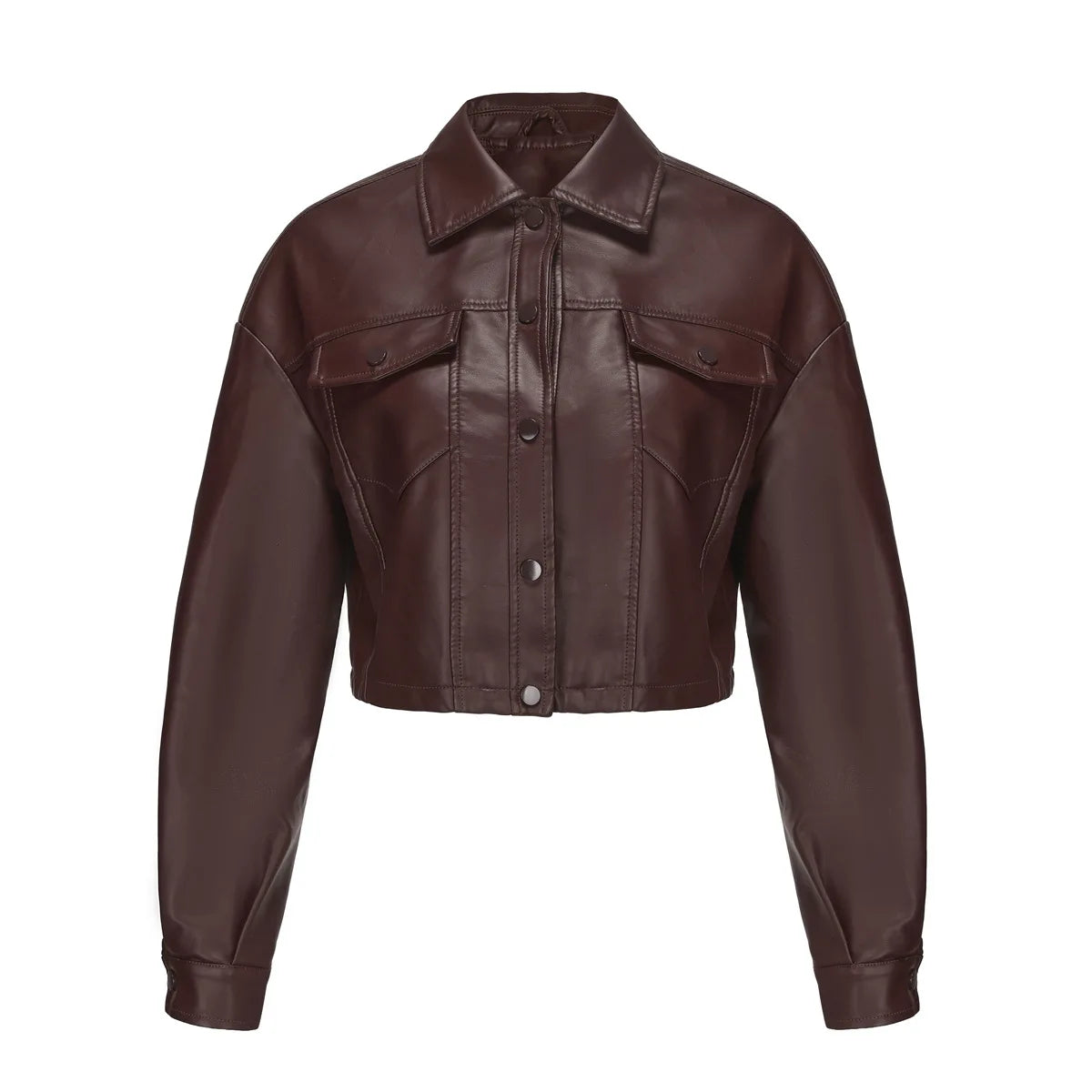 Alr™ Women's Short Leather Biker Jacket with Lapel and Two Pockets