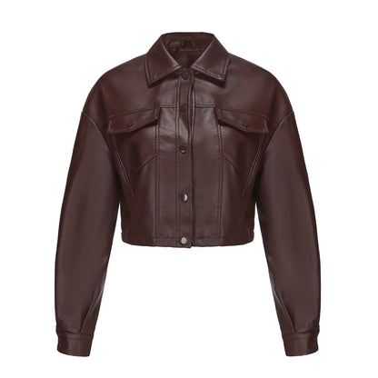 Alr™ Women's Short Leather Biker Jacket with Lapel and Two Pockets