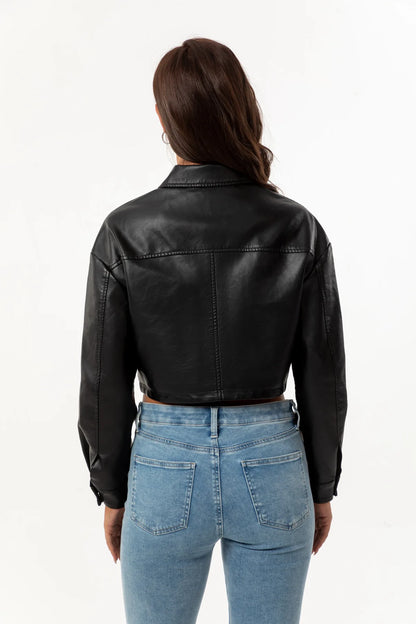 Alr™ Women's Short Leather Biker Jacket with Lapel and Two Pockets