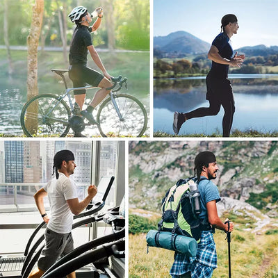 Images show person wearing the ALR™ Summer Cycling Cap while cycling by a lake, running on a trail, using a gym treadmill, and hiking with a backpack in the mountains.